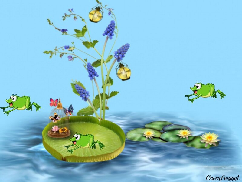 Three Green Frogs on Lily Pads