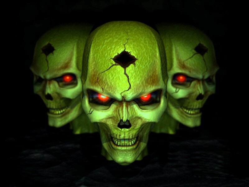 three green skulls with red eyes