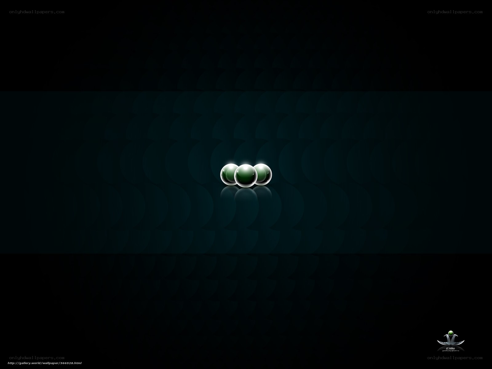 three green spheres on dark background
