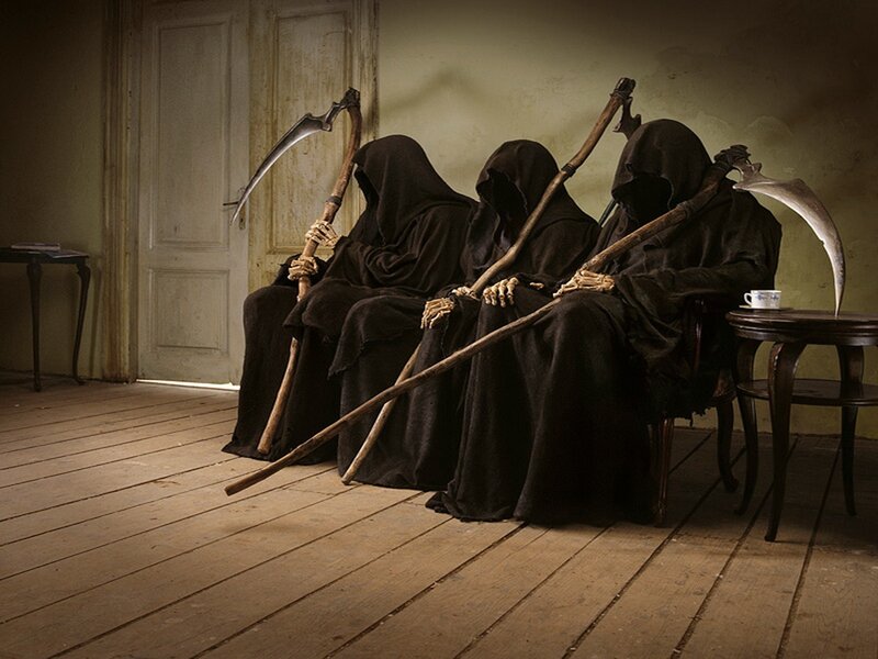 Three Grim Reapers Sitting — Black, Dramatic