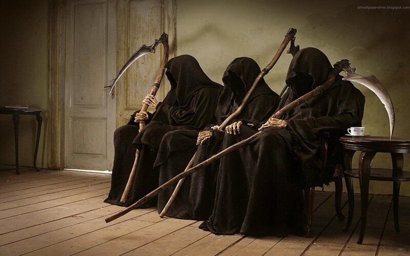 Three Grim Reapers Sitting — Black
