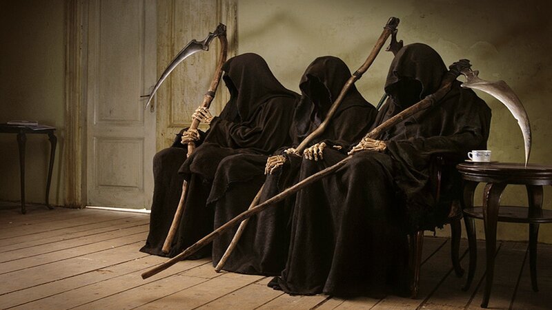 Three Grim Reapers Sitting — Brown