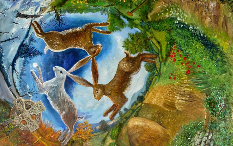 Three Hares in Flight