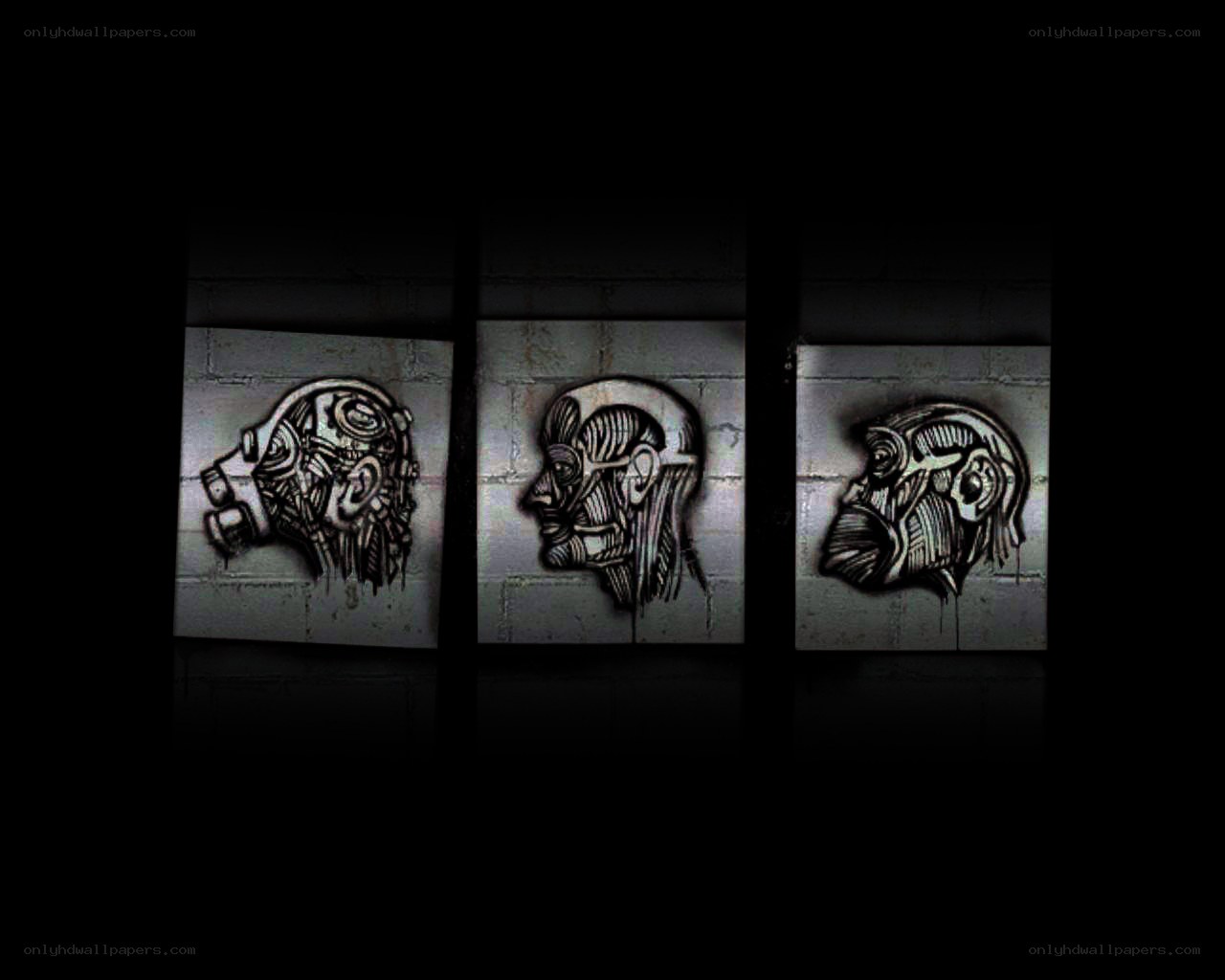 three head sculptures on wall