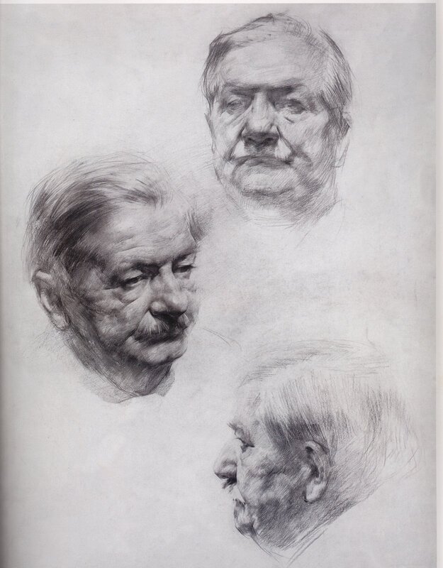 three head studies of an older man
