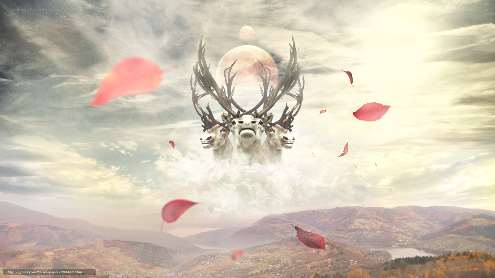 Three-headed deer in sky