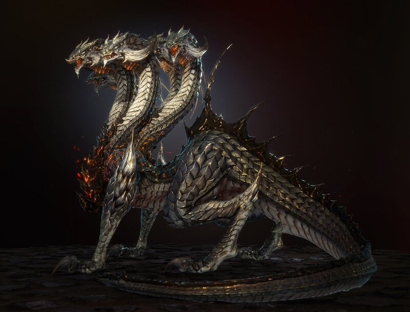 Three-headed Dragon — Black, Dramatic, 3d Render