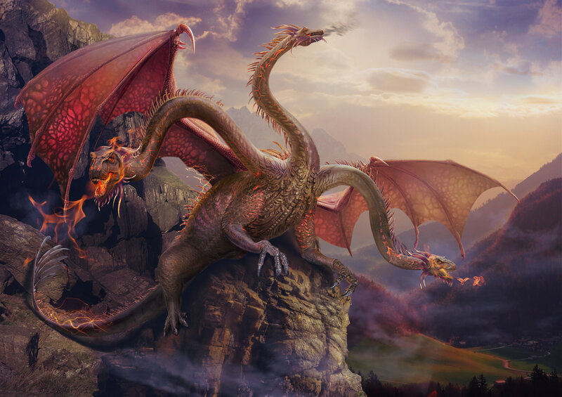 Three-headed Dragon — Red, Dramatic, Sunset, Digital Art