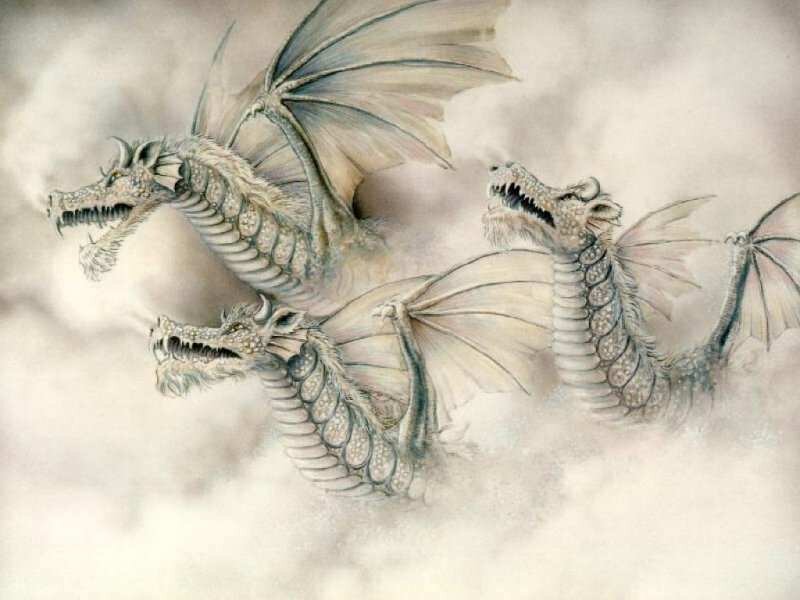 Three-headed Dragon — White, Dramatic, Illustration, Clouds