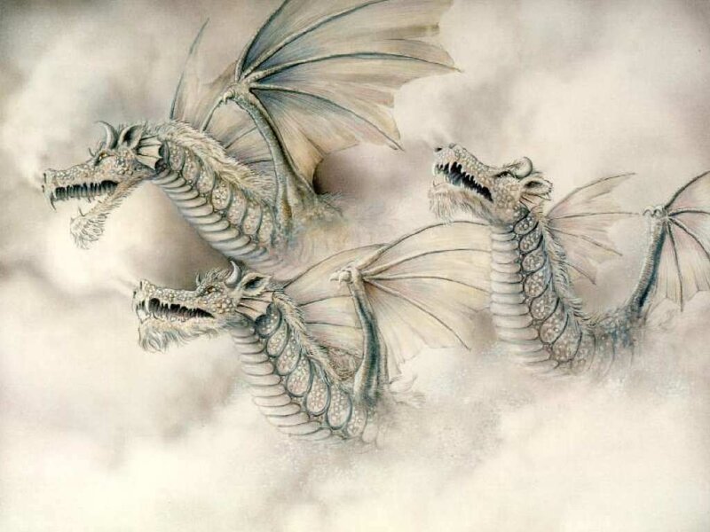 Three-headed Dragon — White, Dramatic, Illustration, Clouds, Wings, Snakes