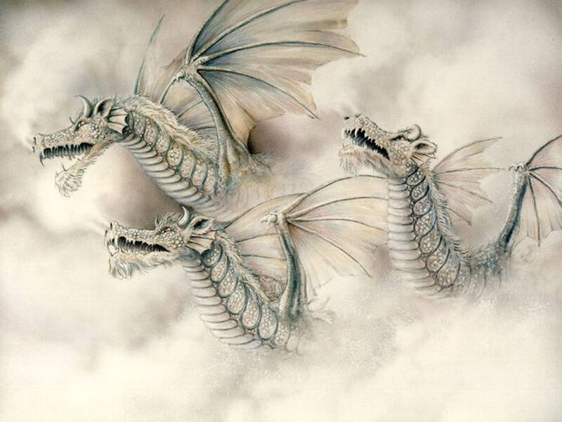 Three-headed Dragon — White, Dramatic, Illustration