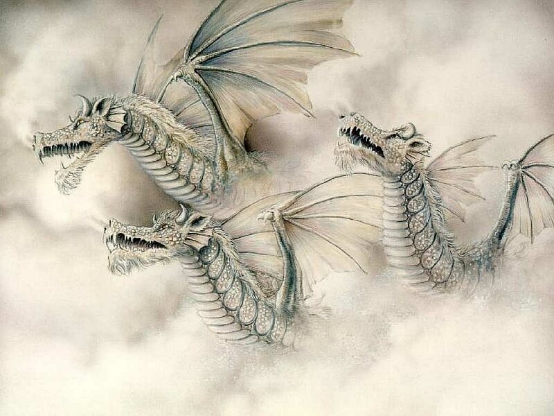 Three-headed Dragon — White, Dramatic, Illustration, Wings, Clouds
