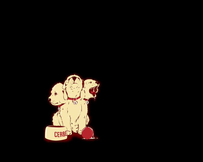 Three-headed puppy with food bowl
