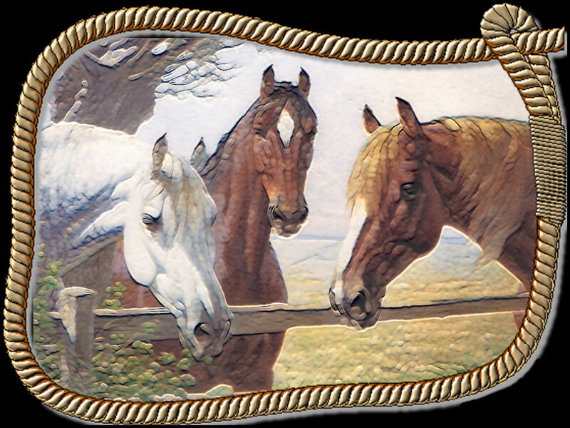 Three Horses at Fence — Brown