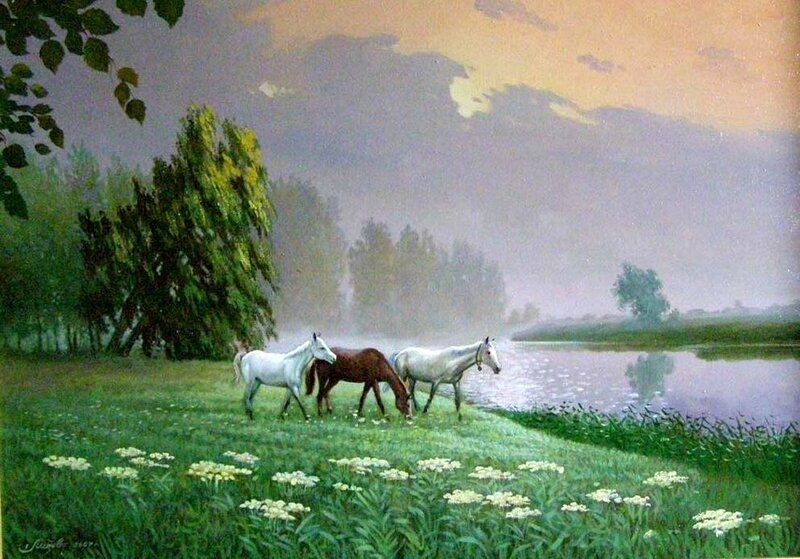 Three Horses by River — Green