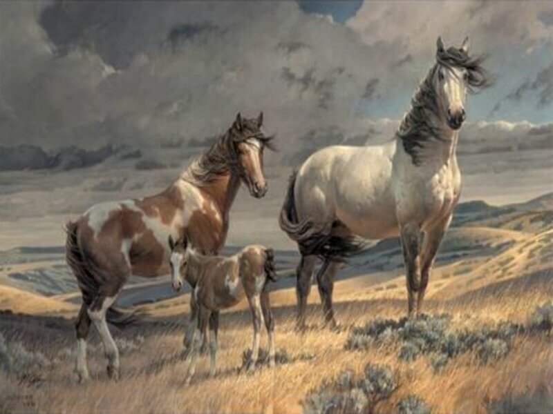 Three Horses in Field — Brown, Dramatic, Painting