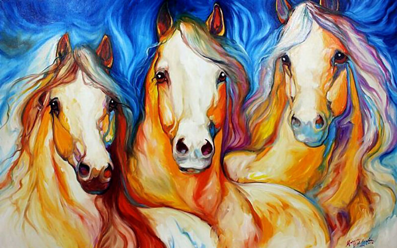 Three Horses in Motion — Blue