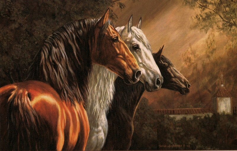 Three Horses in Profile — Brown, Dramatic