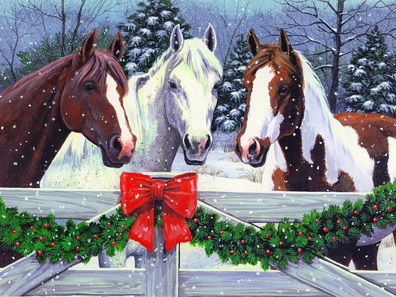 Three Horses in Snow — White, Festive