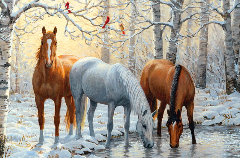 Three Horses in Snow — White, Serene