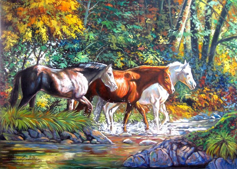 Three Horses in Stream