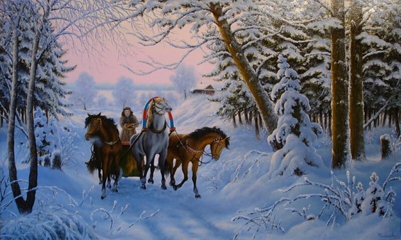 Three Horses Pulling a Sleigh