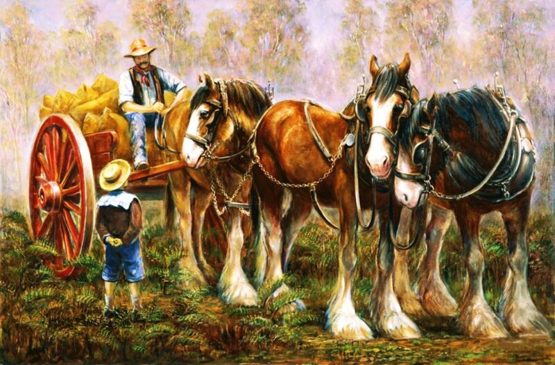 Three Horses Pulling Cart