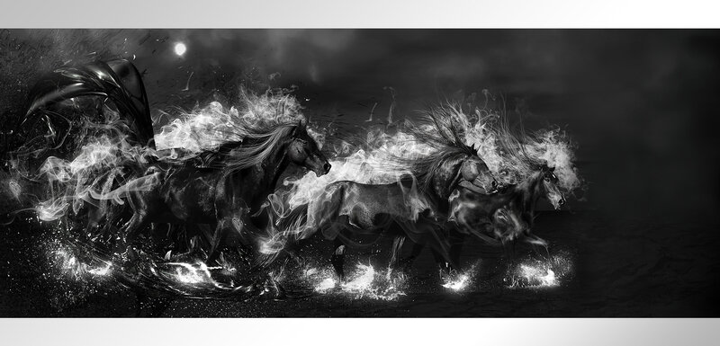 Three Horses Running — Black, Dramatic, Night