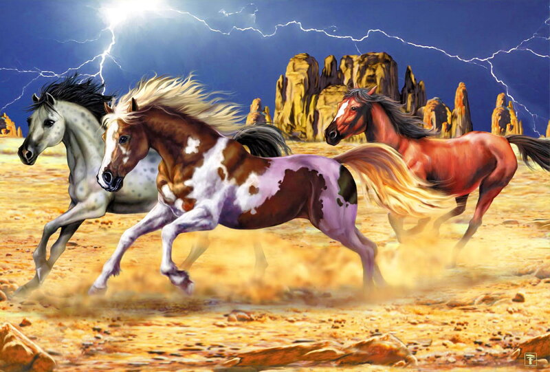 Three Horses Running — Blue, Dramatic, Night