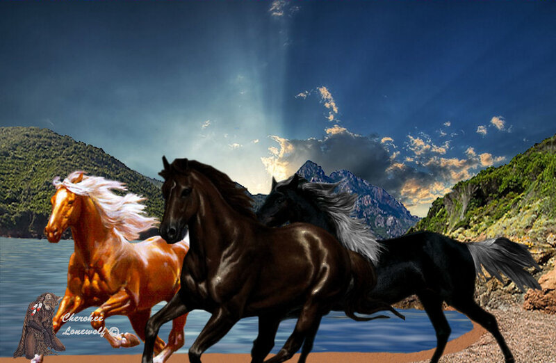 Three Horses Running — Blue, Dramatic