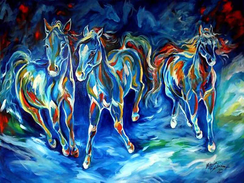 Three Horses Running — Blue, Dynamic, Painting