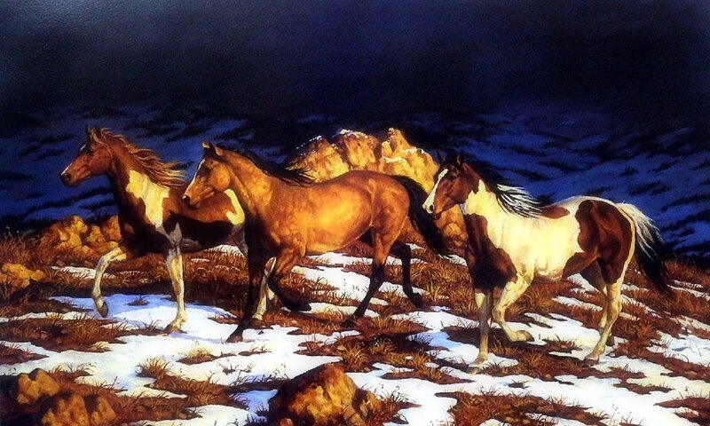 Three Horses Running — Brown, Dramatic, Night