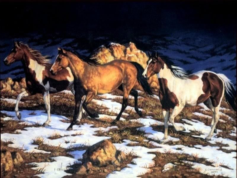 Three Horses Running — Brown, Dramatic