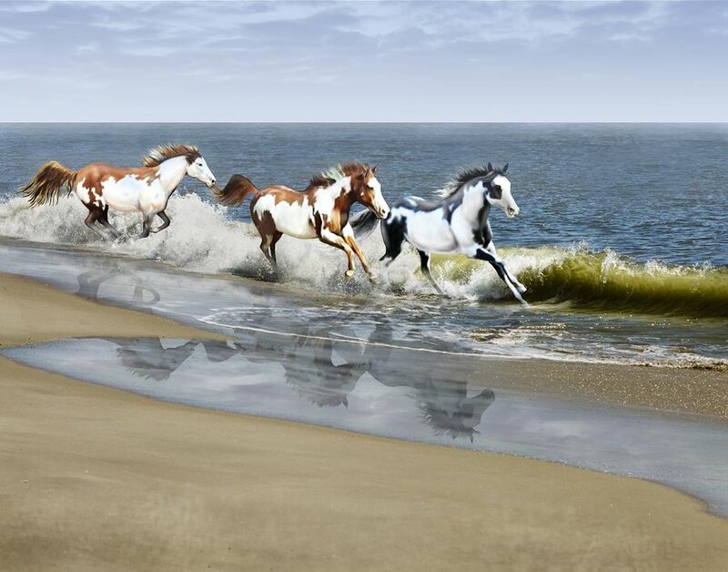 Three Horses Running — Brown, Dynamic, Afternoon, Digital Art
