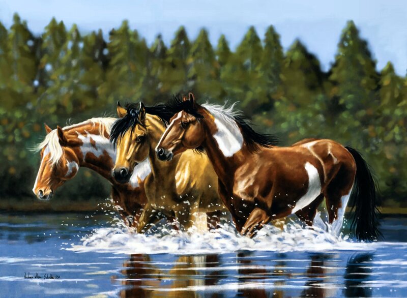 Three Horses Running — Brown, Dynamic, Afternoon, Painting, River