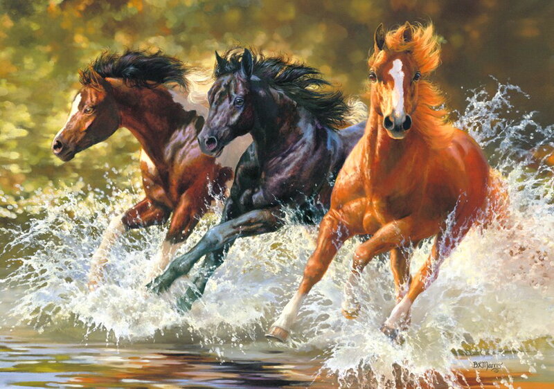 Three Horses Running — Brown, Dynamic, Afternoon, Painting