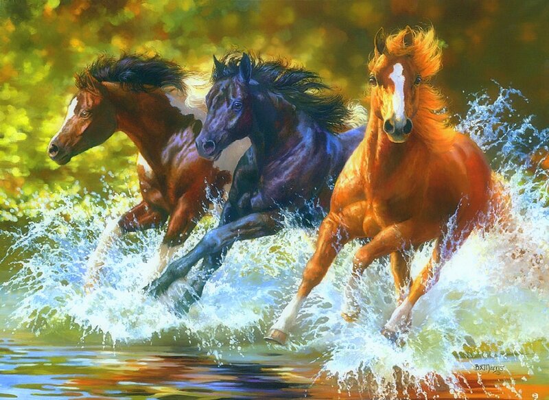 Three Horses Running — Brown, Dynamic, Afternoon, Painting, Water