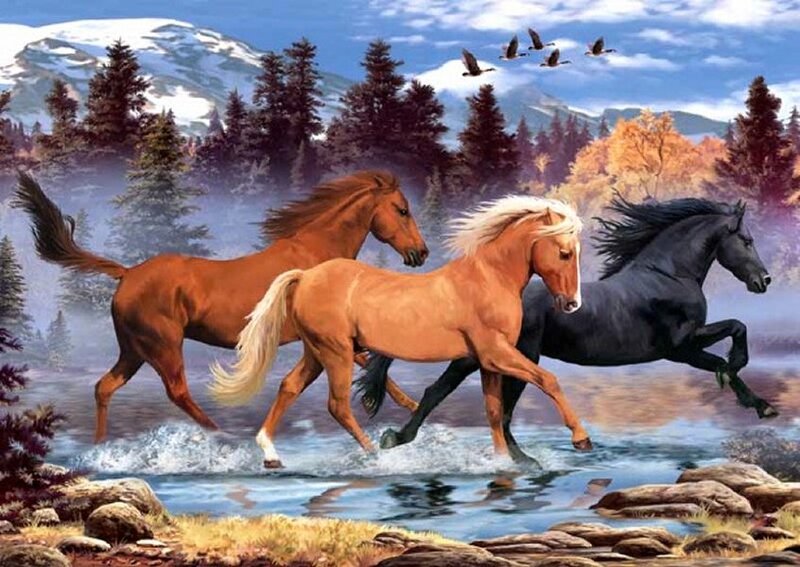 Three Horses Running — Brown, Dynamic, Autumn