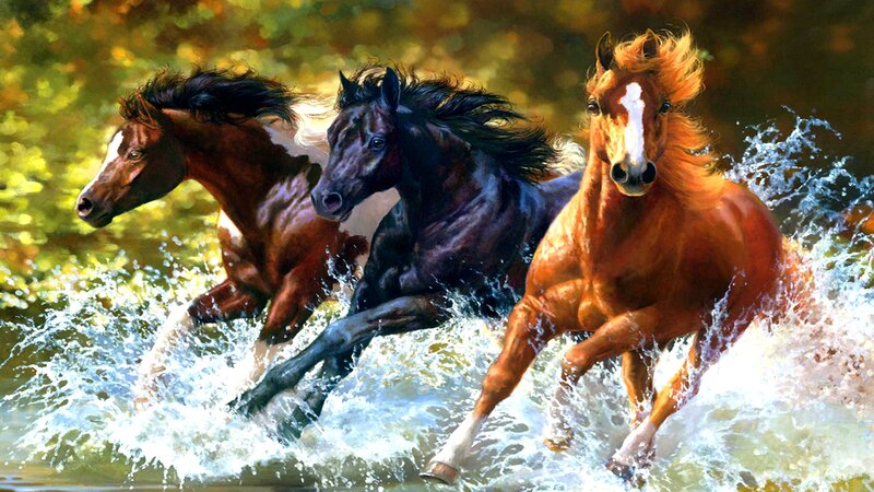 Three Horses Running — Brown, Dynamic, Digital Art