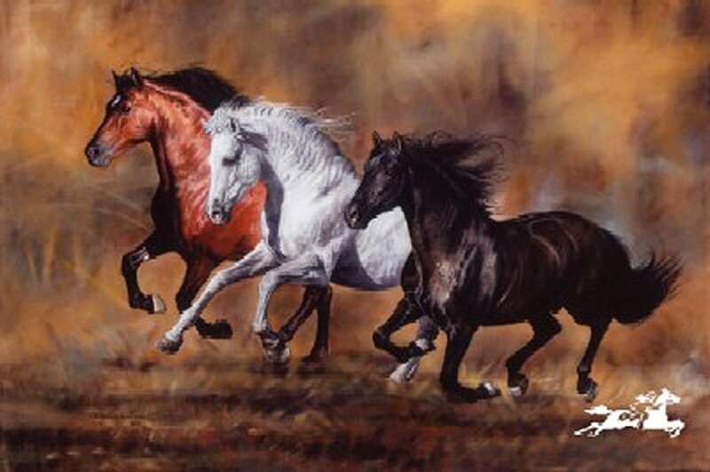 Three Horses Running — Brown, Dynamic, Painting