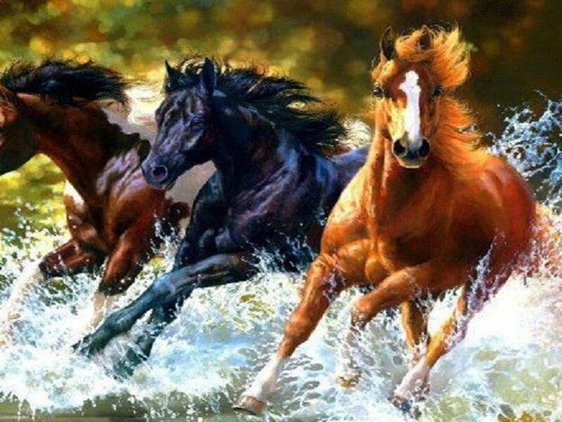 Three Horses Running — Brown, Dynamic, Painting, Water