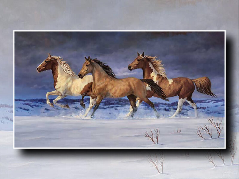 Three Horses Running — Brown, Dynamic, Winter, Painting