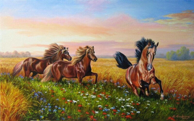 Three Horses Running — Brown, Serene, Sunset
