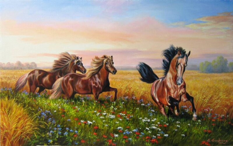 Three Horses Running — Brown, Serene