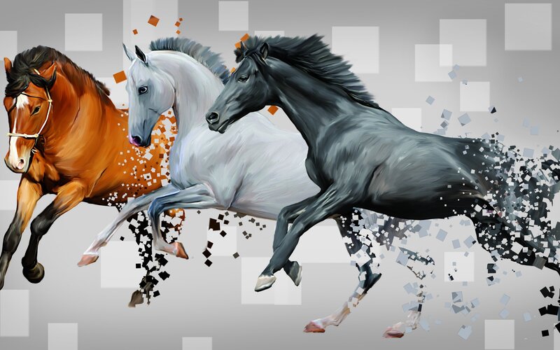 Three Horses Running — Gray, Dynamic, Digital Art, Digital Effect