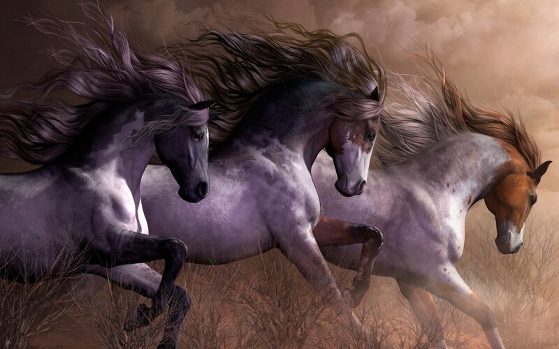 Three Horses Running — Gray, Dynamic, Digital Art