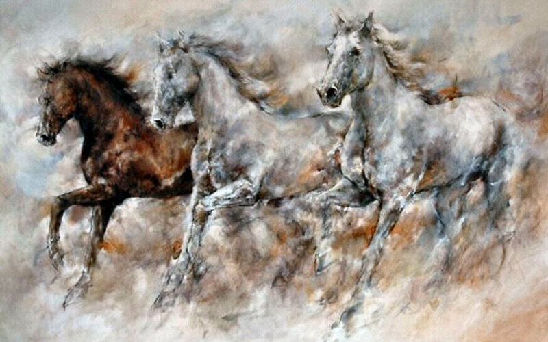 Three Horses Running — Gray, Dynamic, Painting