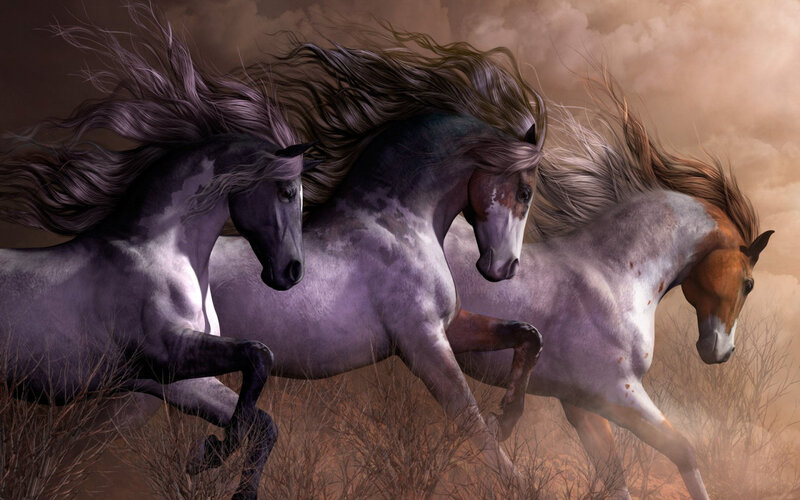 Three Horses Running — Gray, Dynamic