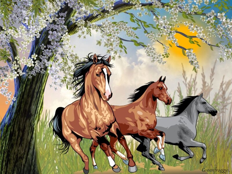 Three Horses Running — Green, Serene, Spring