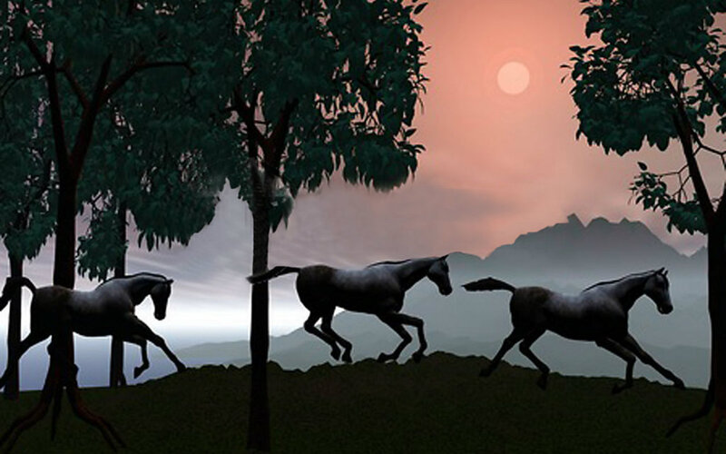 Three Horses Running — Green, Serene